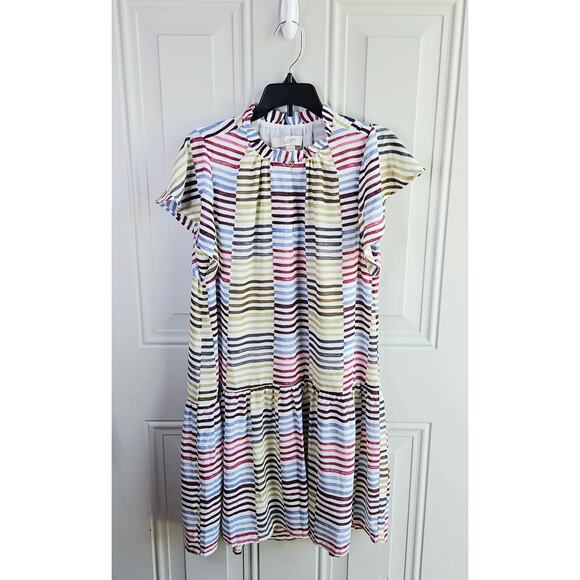 🦃 Loft Size XXS Multicolored Striped Blocked Dress Flutter Sleeve Drop Waist - Picture 4 of 12